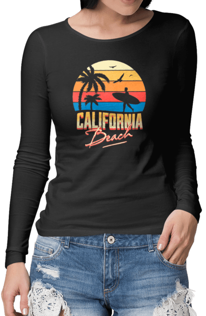 Жіночий лонгслів з принтом "Каліфорнія Пляж Ретро Сонце". Відпочинок, відпустка, каліфорнія, літо, море, пляж, серфінг, сонце. futbolka.stylus.ua