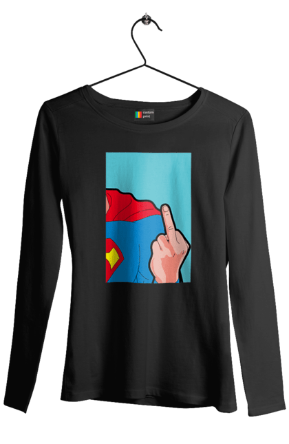 Жіночий лонгслів з принтом "Супермен". Бетмен, брутальні принти, комікси, круті принти, ліга справедливості, супермен. PrintMarket - інтернет-магазин одягу та аксесуарів з принтами плюс конструктор принтів - створи свій унікальний дизайн