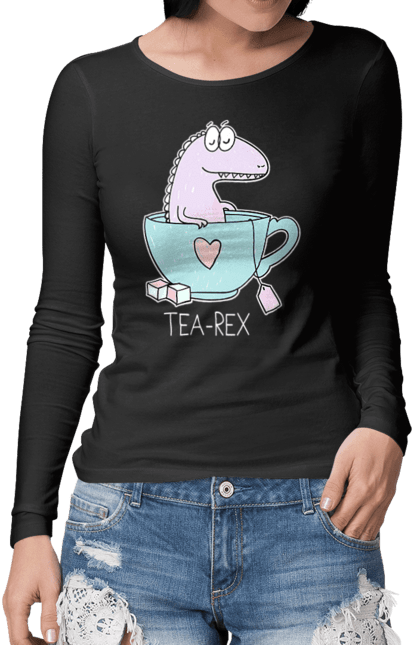 Жіночий лонгслів з принтом "Динозавр прінмаем в чашці чай". Динозавр, релакс, чай, чашка. futbolka.stylus.ua