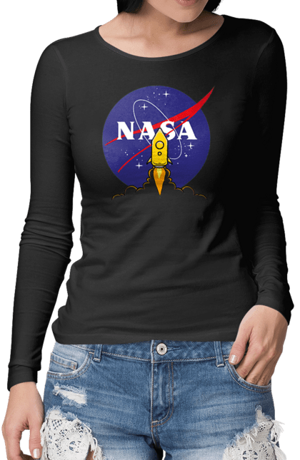 Жіночий лонгслів з принтом "NASA". Авіація, астронавтика, дослідження, космічний, космонавтика, космос, наука, повітроплавання, політ, ракета, сша, технології. futbolka.stylus.ua