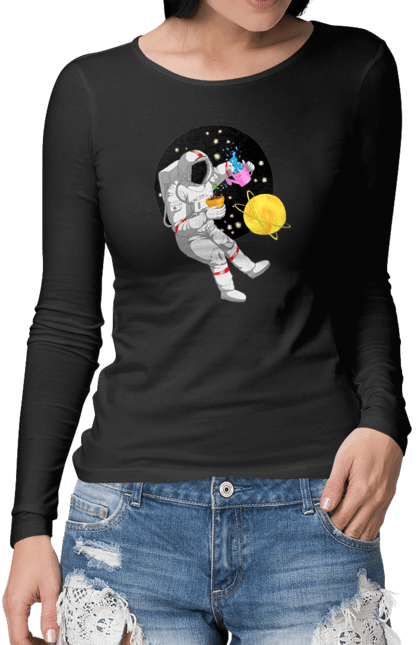 Жіночий лонгслів з принтом "Космонавт у космосі поливає квіти". Агроном, квітка, космонавт, космос, планета. futbolka.stylus.ua