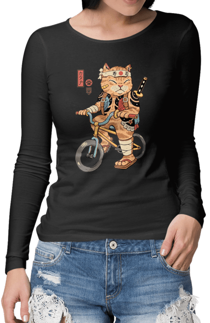 Жіночий лонгслів з принтом "Кіт на велосипеді". Велосипед, кинжал, китайський кіт, кіт, самурай, шабля, японський кіт. CustomPrint.market