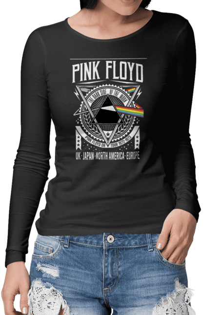 Жіночий лонгслів з принтом "Pink Floyd". Pink floyd, альбом, музика, пінк флойд, рок, рок група, темний бік місяця. CustomPrint.market