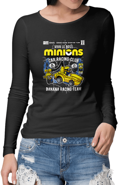 Жіночий лонгслів з принтом "Minions Banana Racing Car". Банан, гоночний автомобіль, міньйон, міньйони. Funkotee