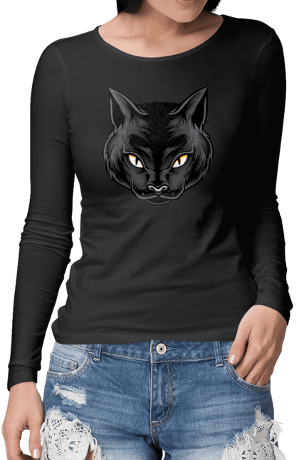 Жіночий лонгслів з принтом "Чорна кішка". Голова кішки, кіт, кішка, чорна кішка, чорний кіт. futbolka.stylus.ua