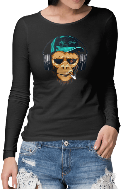 Жіночий лонгслів з принтом "Шимпанзе в навушниках". Дискотека, музика, навушники, шимпанзе. futbolka.stylus.ua