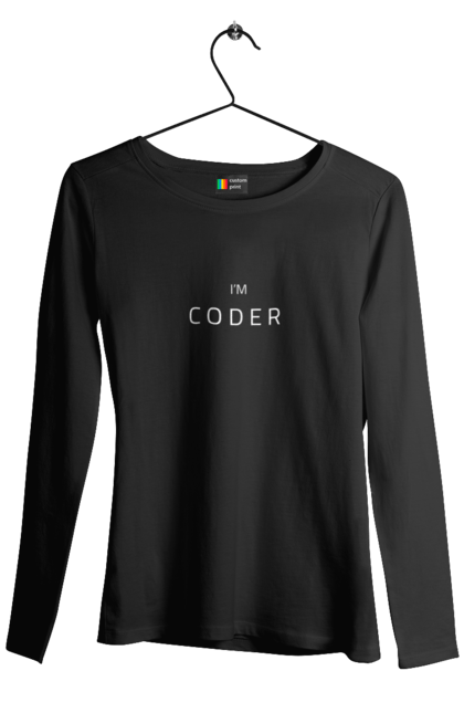 Жіночий лонгслів з принтом "I am Coder". Девелопер, кодер, програміст, професія, розробник, спеціаліст. futbolka.stylus.ua