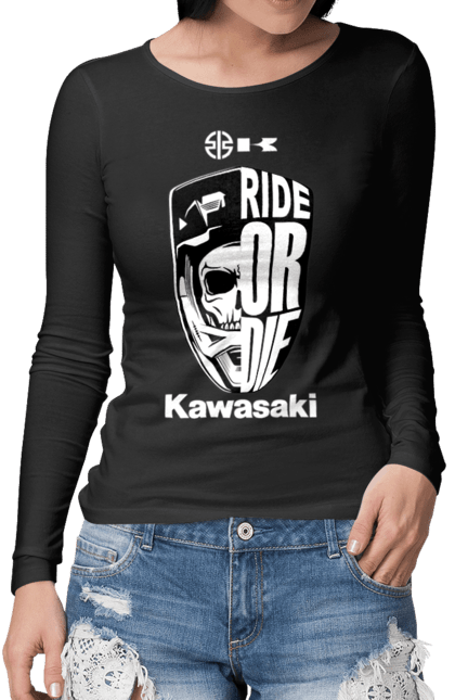 Жіночий лонгслів з принтом "Kawasaki". Kawasaki, ride or die, бренд, мотоцикл, спорт, череп. futbolka.stylus.ua