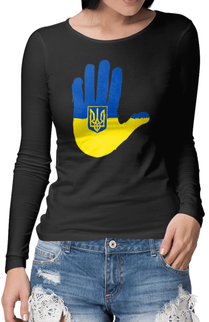 Жіночий лонгслів з принтом "Долоня українця". Війна, герб україни, долоня українця, патріот, прапор, рука, україна, українець. PrintMarket - інтернет-магазин одягу та аксесуарів з принтами плюс конструктор принтів - створи свій унікальний дизайн