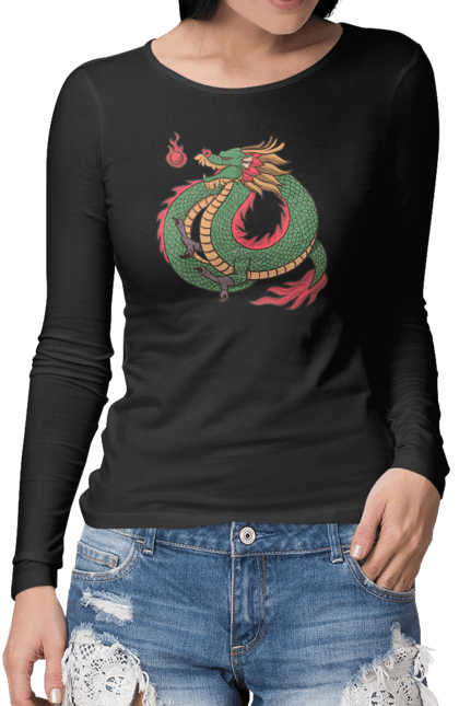 Жіночий лонгслів з принтом "Дракон". Дракон, зелений дракон, китайський дракон, символ, тварина. 2070702