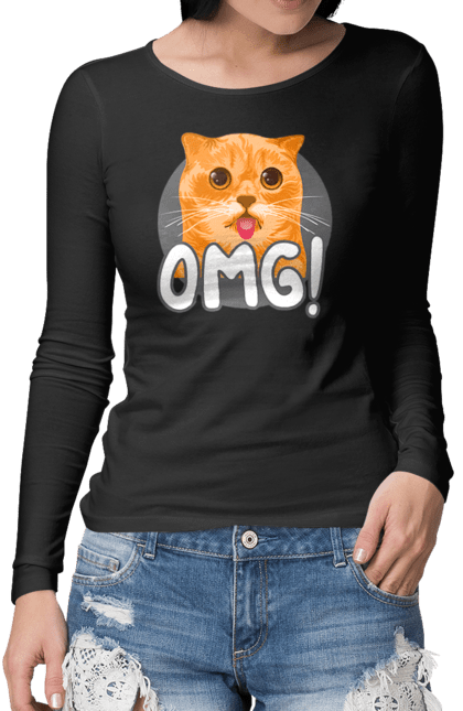 Жіночий лонгслів з принтом "Кот OMG!". Omg, кіт, кішка, о боже, рудий кіт, шок, язик. futbolka.stylus.ua