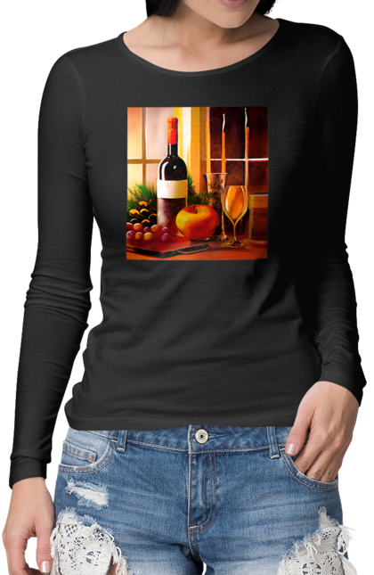 Жіночий лонгслів з принтом "Святковий натюрморт". Вино, келихи, свічки, свято, фрукти. futbolka.stylus.ua