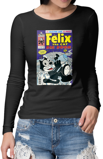Жіночий лонгслів з принтом "Кіт Фелікс". Cartoon, cat, comedy, comics, felix, film, game, mascot. futbolka.stylus.ua