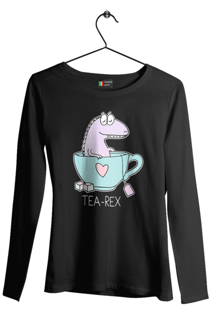 Жіночий лонгслів з принтом "Динозавр прінмаем в чашці чай". Динозавр, релакс, чай, чашка. futbolka.stylus.ua
