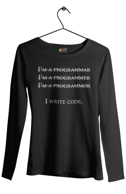 Жіночий лонгслів з принтом "Я Пишу Код, Програміст, Білий". День програміста, код, пишу код, програма, програміст. aslan