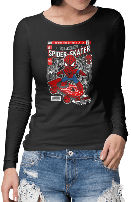 Жіночий лонгслів з принтом "Spiderman Skateboard". Герой, дивуватися, комікси, людина, людина-павук, павук, супергерой. Funkotee