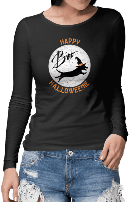 Жіночий лонгслів з принтом "Happy Halloweenie". Відьма, для любителів собак, пес, собаки, такса, хеллоуїн. futbolka.stylus.ua