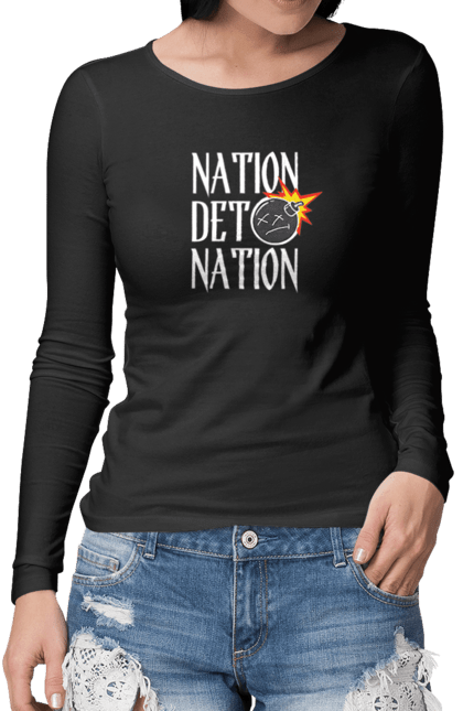 Жіночий лонгслів з принтом "Нація Детонація". Гумор, детонація, ігра слів, напис, нація. KRUTO.  Магазин популярних футболок