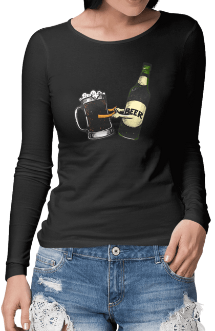 Жіночий лонгслів з принтом "Пляшка Пива З Келихом Пива". Келих, пиво, пляшка. futbolka.stylus.ua