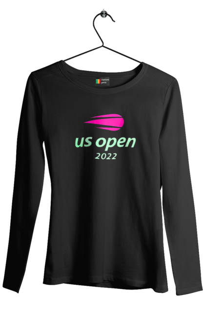 Жіночий лонгслів з принтом "Тенісний турнір US Open 2022". Великий теніс, відкритий чемпіонат, гравці, м`яч, нью йорк, призовий фонд, ракетка, спонсор, хард, чемпіонат америки. futbolka.stylus.ua