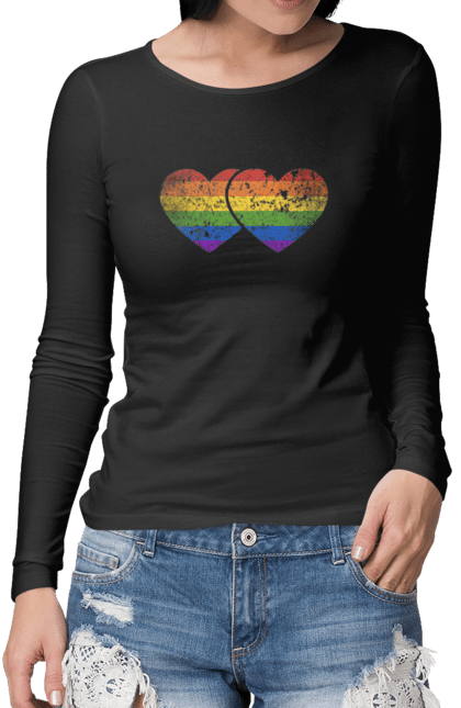 Жіночий лонгслів з принтом "Два серця ЛГБТ". Веселка, гей, лгбт, лесбі, любов, прапор, серце, серця, сім`я. futbolka.stylus.ua