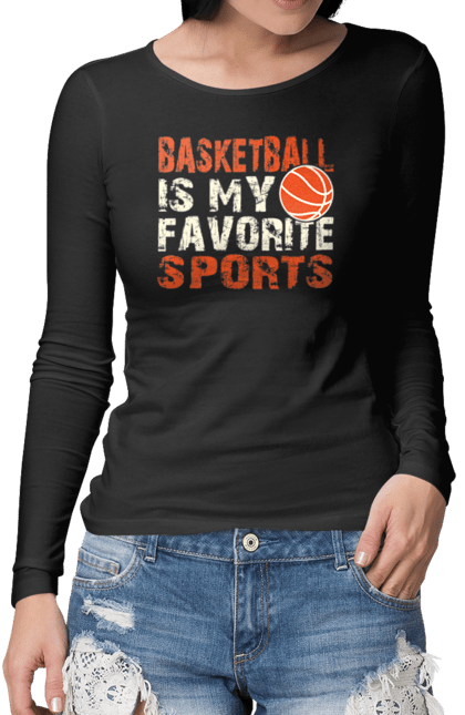 Жіночий лонгслів з принтом "Баскетбол мій фаворит у спорті". Баскетбол, баскетбол фоворит, баскетболіст, гра баскетбол, спорт, фаворит. futbolka.stylus.ua