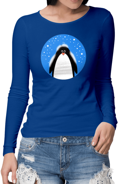 Жіночий лонгслів з принтом "Пінгвін в снігу". Зима, новий рік, пінгвін, полюс, різдво, сніг. futbolka.stylus.ua