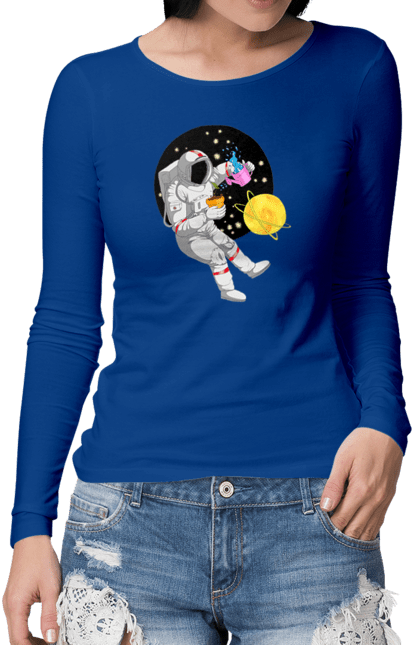 Жіночий лонгслів з принтом "Космонавт у космосі поливає квіти". Агроном, квітка, космонавт, космос, планета. futbolka.stylus.ua