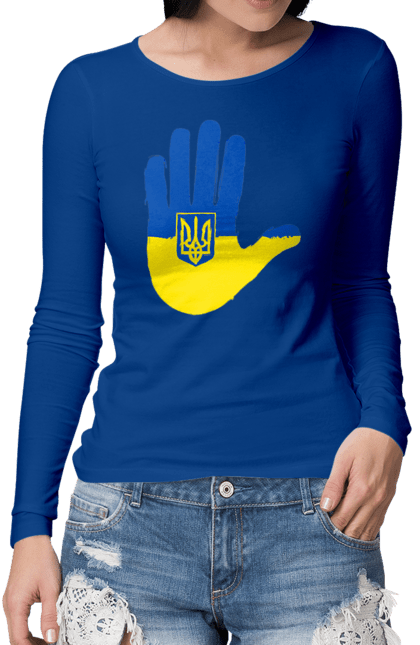 Жіночий лонгслів з принтом "Долоня українця". Війна, герб україни, долоня українця, патріот, прапор, рука, україна, українець. CustomPrint.market