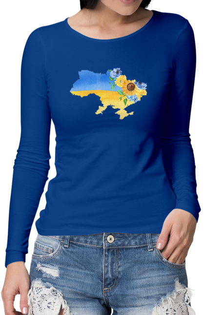 Жіночий лонгслів з принтом "Квітуча Україна  квіткова синьо жовта карта України". Карта україни, квіти, мапа україни, ми з україни, патріотична, патріотична футболка, прапор україни, україна. CustomPrint.market