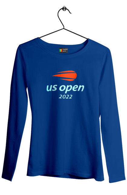 Жіночий лонгслів з принтом "Тенісний турнір US Open 2022". Великий теніс, відкритий чемпіонат, гравці, м`яч, нью йорк, призовий фонд, ракетка, турнір на ґрунті, хард, чемпіонат америки. aslan