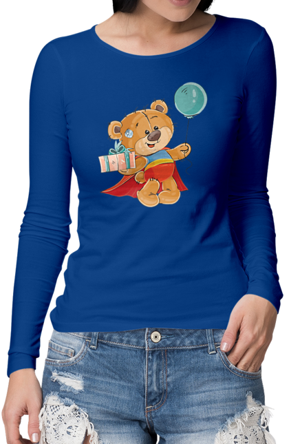 Жіночий лонгслів з принтом "Ведмедик з кулькою". Медвеженок, плащ, повітряну кульку, подарунок, супермен. futbolka.stylus.ua