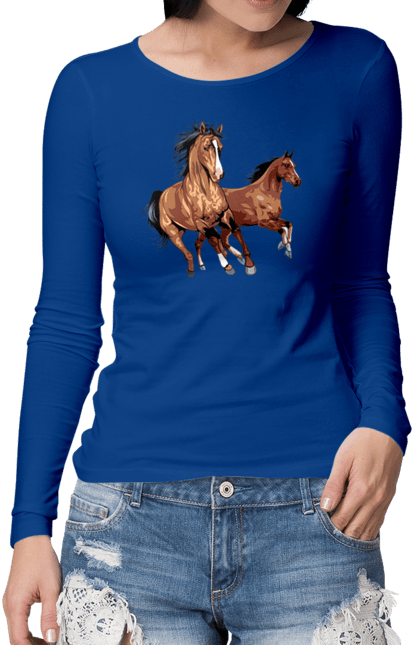 Жіночий лонгслів з принтом "Коні біжуть". Грива, кінь, коні, скачуть, тварина. futbolka.stylus.ua