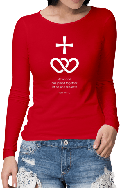 Жіночий лонгслів з принтом "Що Бог поєднав...". Біблія, бог, жінка, ісус, любов, серце, сім`я, христос, цитата, чоловік. KRUTO.  Магазин популярних футболок