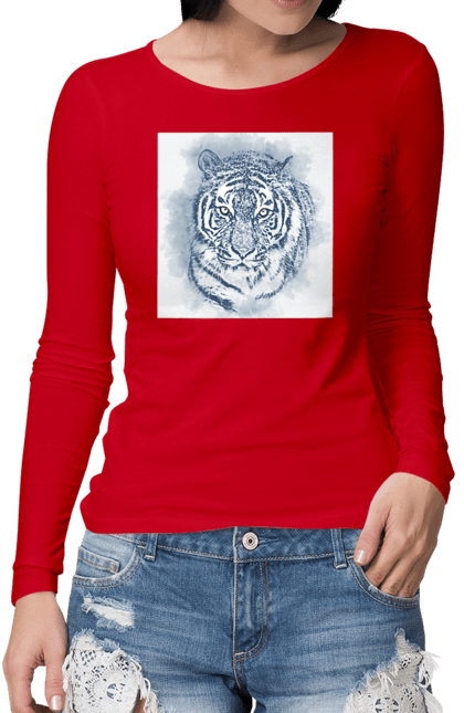 Жіночий лонгслів з принтом "Тигр". Велика кішка, великий кіт, дика природа, дикий, звір, зуби, погляд, портрет, природа, стилізація, тварина, тигр, хижак. futbolka.stylus.ua