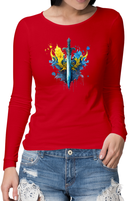 Жіночий лонгслів з принтом "Меч в українському стилі". Герб, меч, перемога, прапор, символ україни, тризуб, україна. Milkstore