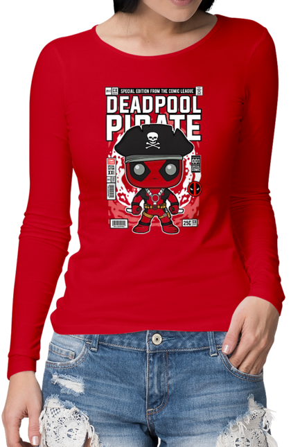 Жіночий лонгслів з принтом "Deadpool Pirate". Басейн, герой, диво, комікси, мем, мертвих, тоталізатор, фільм. Funkotee