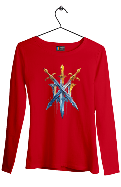 Жіночий лонгслів з принтом "Тризуб з мечів". Меч, мечі, прапор україни, символи україни, тризуб, тризуб україни, україна. aslan