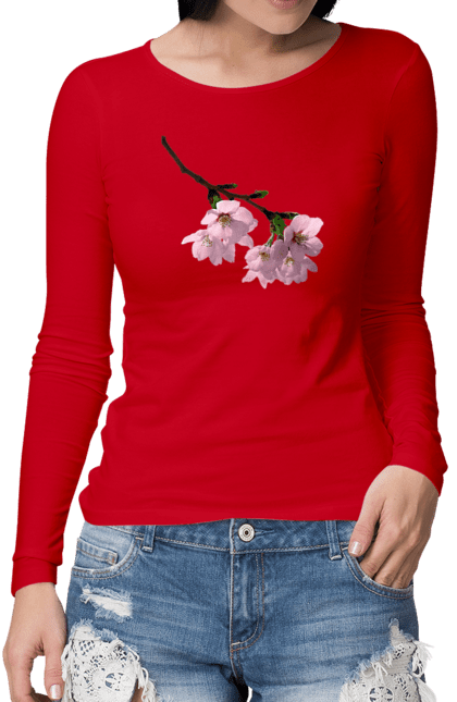 Жіночий лонгслів з принтом "Вишня цвіте". Весна, вишня, квітка, сакура. CustomPrint.market