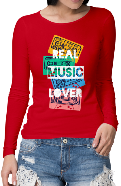 Жіночий лонгслів з принтом "Реальна Музика 90 х люблю". Касети, люблю музику, музика, музика 90х. futbolka.stylus.ua