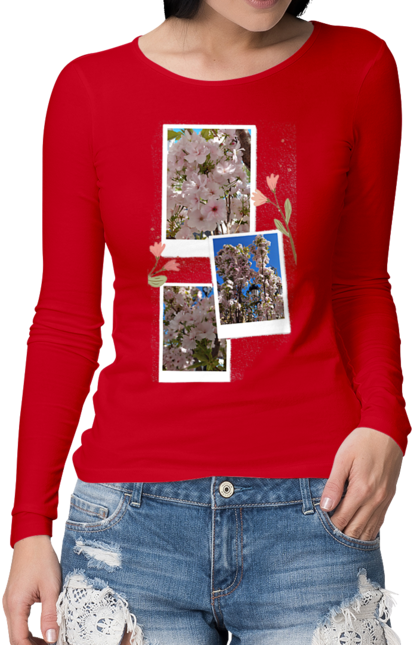 Жіночий лонгслів з принтом "Колаж весняних квітів". Весна, весняна, жіночна, квіти, колаж, ніжна, ніжність, оригінальна, сакура, фото. CustomPrint.market