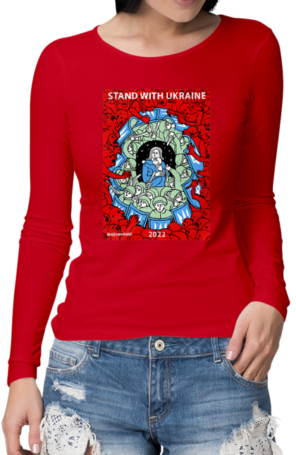 Жіночий лонгслів з принтом "Stand with Ukraine". Война, патриот, символіка, ссу, украина. Neivanmade