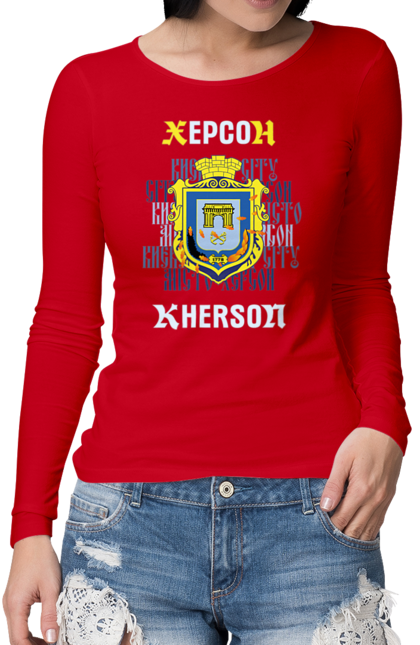 Жіночий лонгслів з принтом "Херсон герб". Герб, міста, місто герой. futbolka.stylus.ua