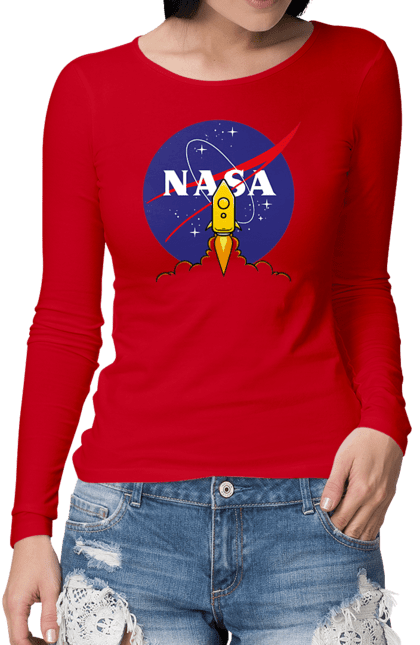 Жіночий лонгслів з принтом "NASA". Авіація, астронавтика, дослідження, космічний, космонавтика, космос, наука, повітроплавання, політ, ракета, сша, технології. futbolka.stylus.ua