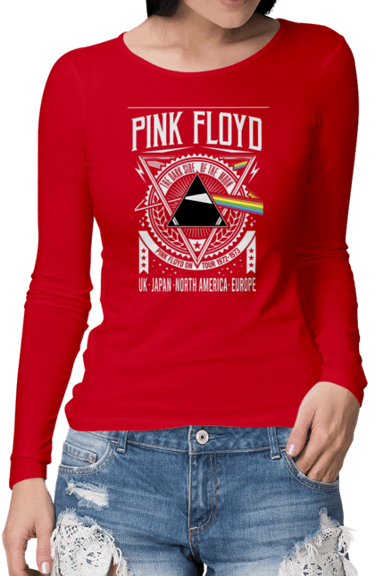 Жіночий лонгслів з принтом "Pink Floyd". Pink floyd, альбом, музика, пінк флойд, рок, рок група, темний бік місяця. KRUTO.  Магазин популярних футболок