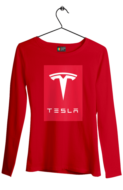 Жіночий лонгслів з принтом "Tesla". Авто, бренд, ілон маск, логотип, тесла. CustomPrint.market