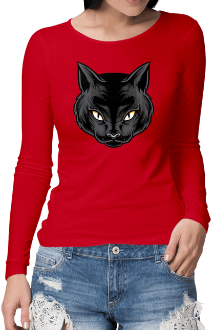 Жіночий лонгслів з принтом "Чорна кішка". Голова кішки, кіт, кішка, чорна кішка, чорний кіт. futbolka.stylus.ua