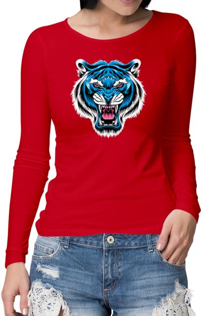 Жіночий лонгслів з принтом "Блакитний тигр". Блакитний тигр, голова тигра, тварини, тигр. futbolka.stylus.ua