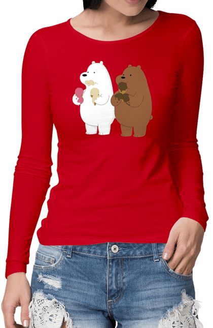 Жіночий лонгслів з принтом "Білий і бурий ведмідь об'їдаються морозивом". Білий ведмідь, бурий ведмідь, морозиво. futbolka.stylus.ua