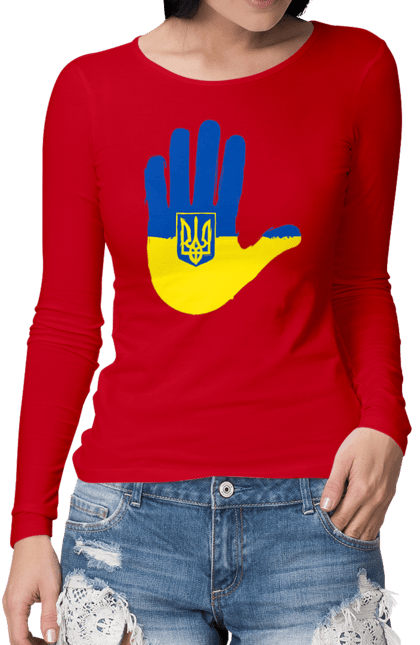 Жіночий лонгслів з принтом "Долоня українця". Війна, герб україни, долоня українця, патріот, прапор, рука, україна, українець. futbolka.stylus.ua
